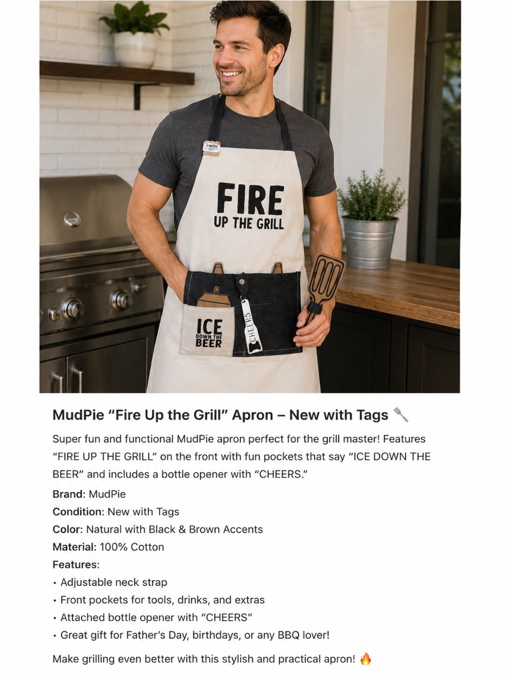 Mud Pie Natural and Black Grill Apron with Pocket Details